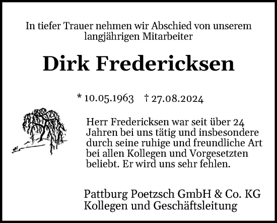 Traueranzeige von Dirk Fredericksen von Flensburger Tageblatt