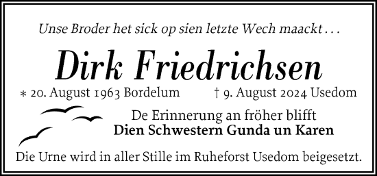 Traueranzeige von Dirk Friedrichsen von Husumer Nachrichten, Nordfriesland Tageblatt