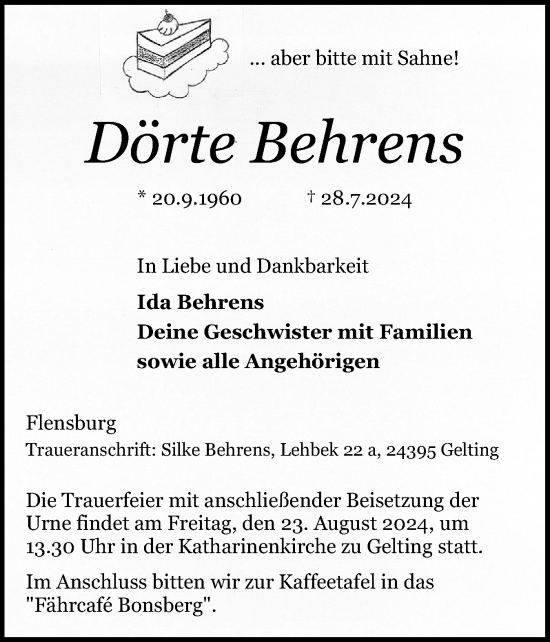 Traueranzeige von Dörte Behrens von Flensburger Tageblatt