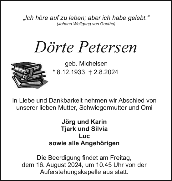 Traueranzeige von Dörte Petersen von Holsteinischer Courier