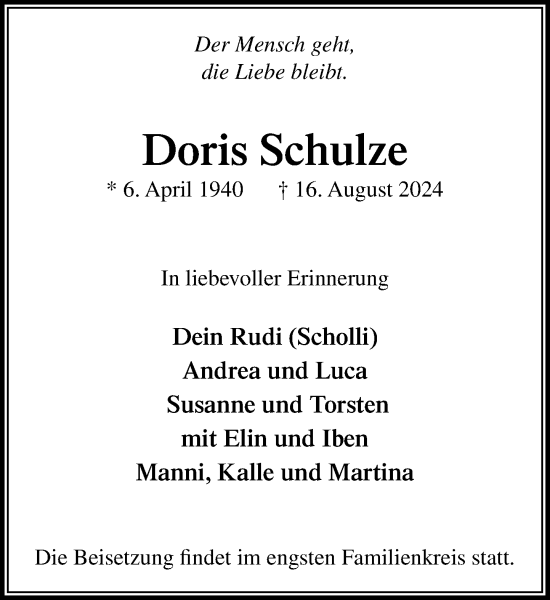 Traueranzeige von Doris Schulze von Stormaner Tageblatt
