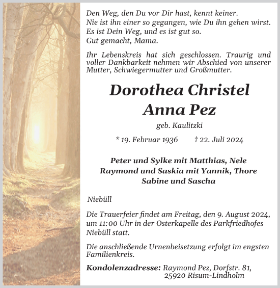 Traueranzeige von Dorothea Christel Anna Pez von Husumer Nachrichten, Nordfriesland Tageblatt