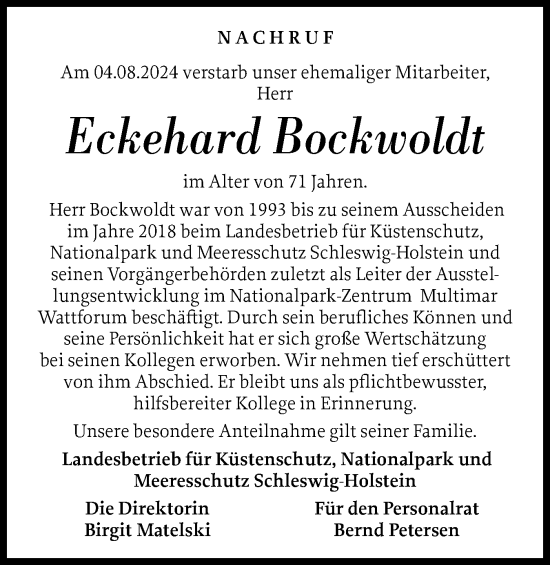 Traueranzeige von Eckehard Bockwoldt von Region Westküste