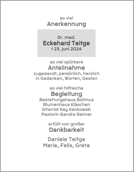 Traueranzeige von Eckehard Teitge von Schleswig-Holsteinische Landeszeitung