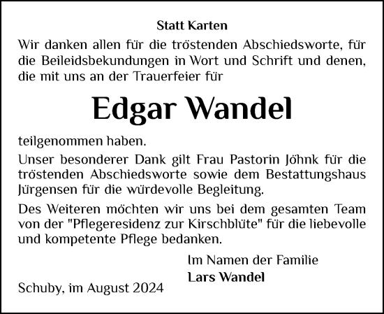 Traueranzeige von Edgar Wandel von Schleswiger Nachrichten, Schlei-Bote