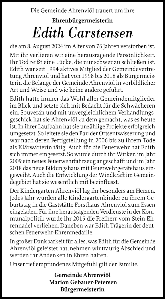 Traueranzeige von Edith Carstensen von Region Westküste