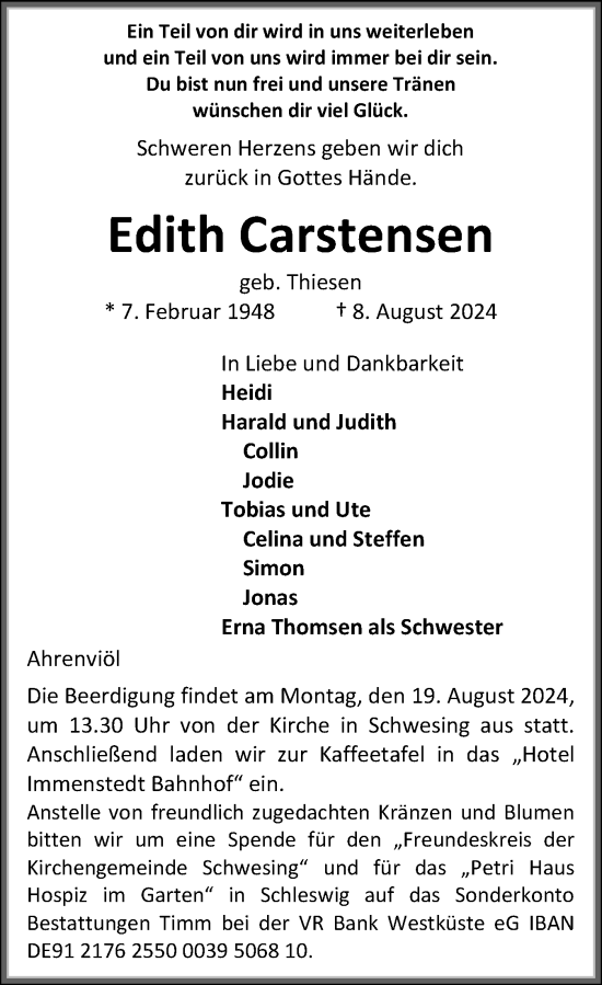 Traueranzeige von Edith Carstensen von Husumer Nachrichten, Nordfriesland Tageblatt