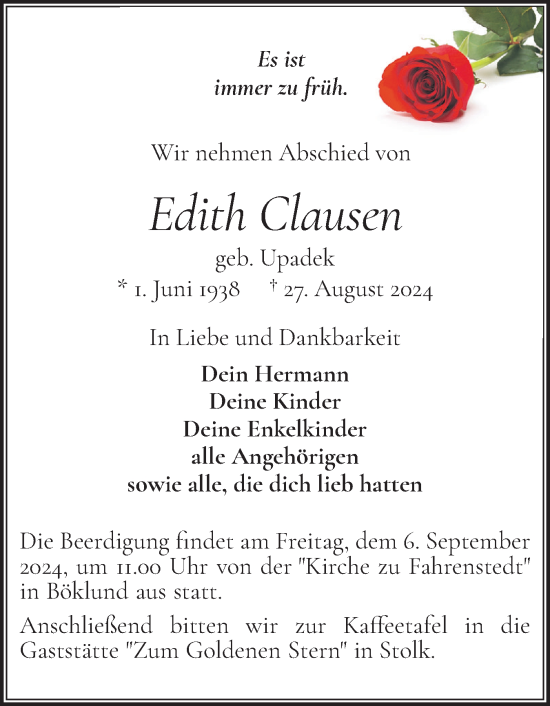 Traueranzeige von Edith Clausen von Schleswiger Nachrichten, Schlei-Bote