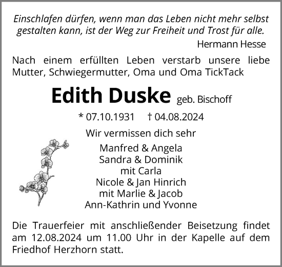 Traueranzeige von Edith Duske von Norddeutsche Rundschau, Wilstersche Zeitung, Glückstädter Fortuna
