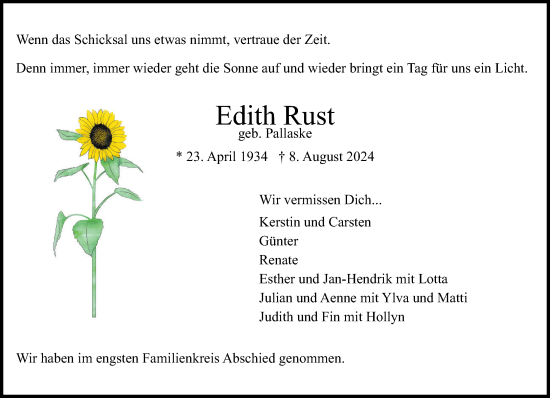 Traueranzeige von Edith Rust von Stormaner Tageblatt