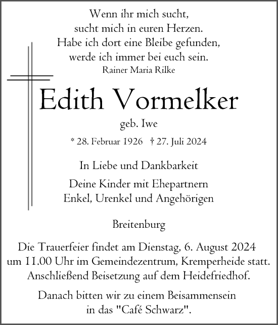 Traueranzeige von Edith Vormelker von Norddeutsche Rundschau, Wilstersche Zeitung, Glückstädter Fortuna
