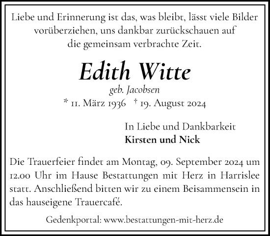 Traueranzeige von Edith Witte von Flensburger Tageblatt