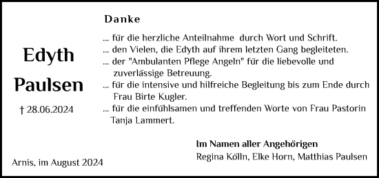 Traueranzeige von Edyth Paulsen von Schleswiger Nachrichten, Schlei-Bote