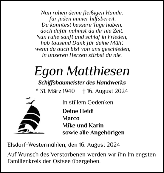 Traueranzeige von Egon Matthiesen von Schleswig-Holsteinische Landeszeitung