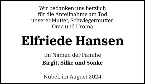Traueranzeige von Elfriede Hansen von Schleswiger Nachrichten, Schlei-Bote