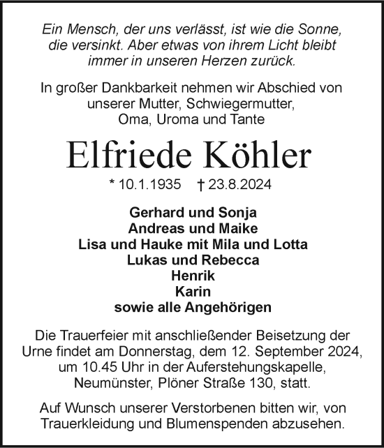 Traueranzeige von Elfriede Köhler von Holsteinischer Courier