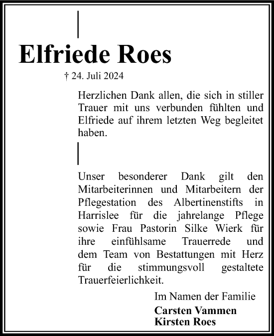Traueranzeige von Elfriede Roes von Flensburger Tageblatt