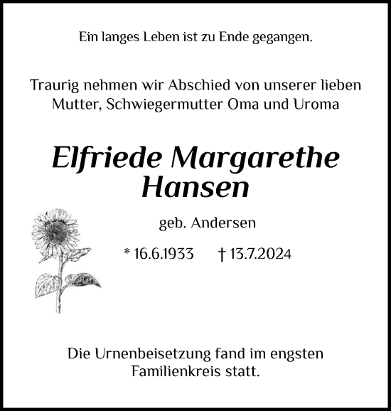Traueranzeige von Elfriede Margarethe Hansen von Schleswiger Nachrichten, Schlei-Bote
