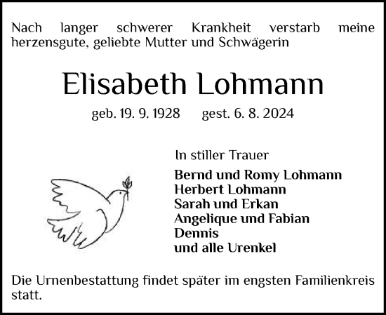 Traueranzeige von Elisabeth Lohmann von Schleswig-Holsteinische Landeszeitung