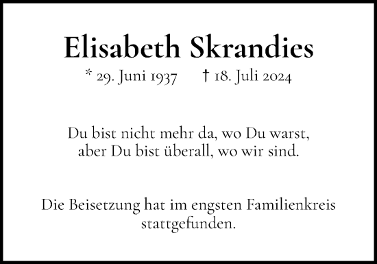 Traueranzeige von Elisabeth Skrandies von Wedel-Schulauer Tageblatt, tip Wedel-Schulauer Tageblatt, tip Rissener Rundschau