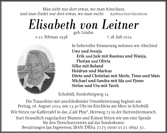 Traueranzeige von Elisabeth von Leitner von Husumer Nachrichten, Nordfriesland Tageblatt