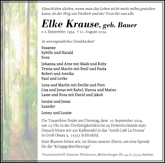 Traueranzeige von Elke Krause von Norddeutsche Rundschau, Wilstersche Zeitung, Glückstädter Fortuna