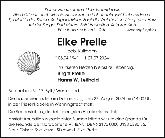 Traueranzeige von Elke Prelle von Sylter Rundschau