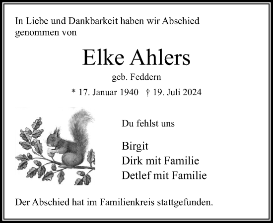 Traueranzeige von ElkeAhlers Ahlers von Stormaner Tageblatt