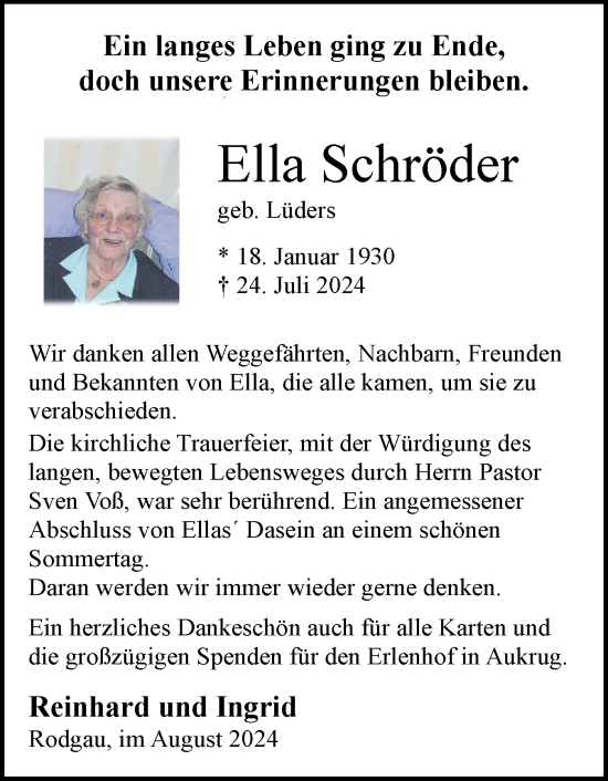 Traueranzeige von Ella Schröder von Norddeutsche Rundschau, Wilstersche Zeitung, Glückstädter Fortuna