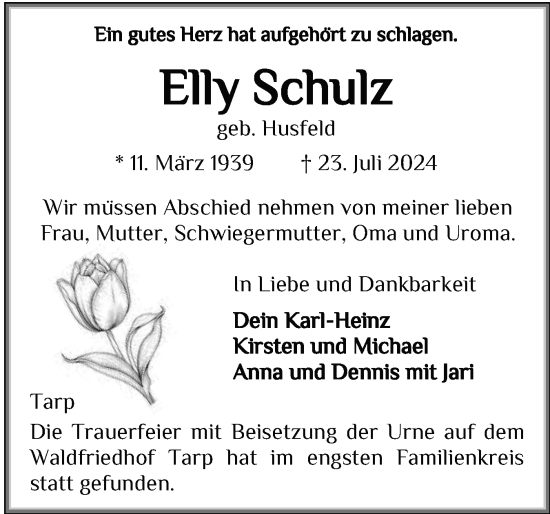 Traueranzeige von Elly Schulz von Flensburger Tageblatt