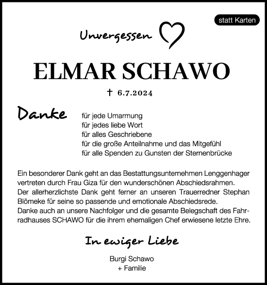 Traueranzeige von Elmar Schawo von Uetersener Nachrichten, Der tip am Wochenende