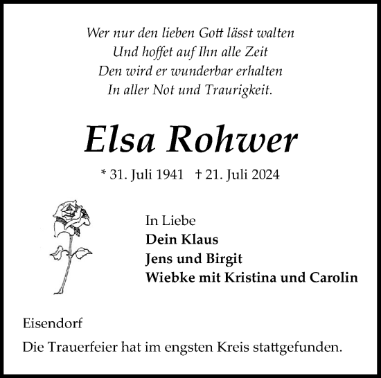 Traueranzeige von Elsa Rohwer von Schleswig-Holsteinische Landeszeitung