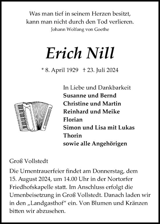 Traueranzeige von Erich Nill von Schleswig-Holsteinische Landeszeitung