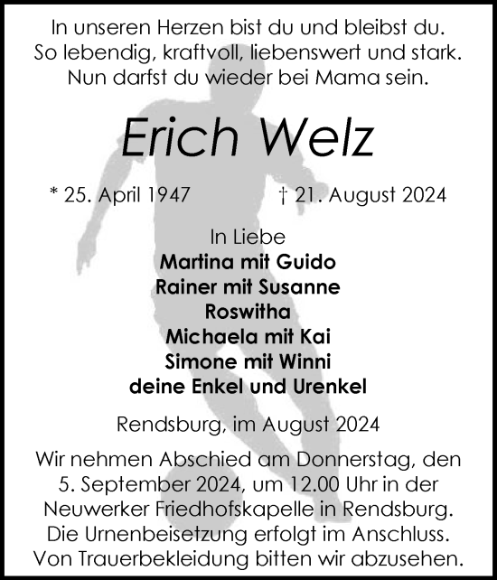 Traueranzeige von Erich Welz von Schleswig-Holsteinische Landeszeitung