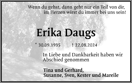 Traueranzeige von Erika Daugs von Norddeutsche Rundschau, Wilstersche Zeitung, Glückstädter Fortuna