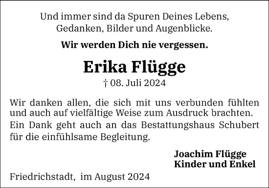 Traueranzeige von Erika Flügge von Husumer Nachrichten, Nordfriesland Tageblatt