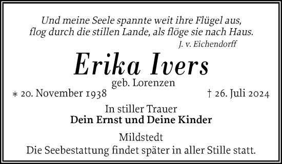 Traueranzeige von Erika Ivers von Husumer Nachrichten, Nordfriesland Tageblatt