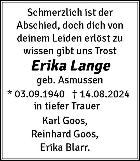Traueranzeige von Erika Lange von Flensburger Tageblatt
