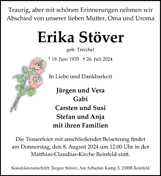 Traueranzeige von Erika Stöver von Stormaner Tageblatt