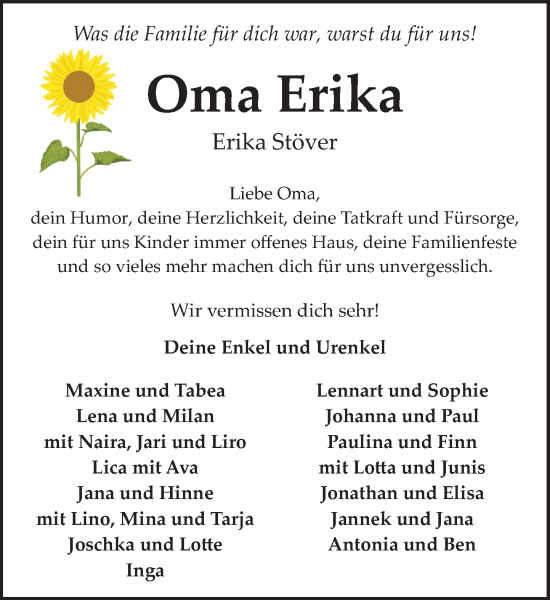Traueranzeige von Erika Stöver von Stormaner Tageblatt