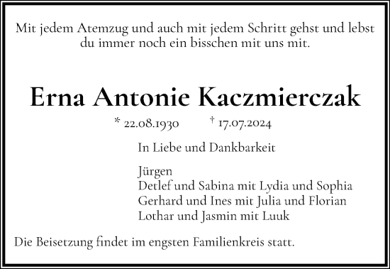 Traueranzeige von Erna Antonie Kaczmierczak von Region Pinneberg und tip Pinneberg