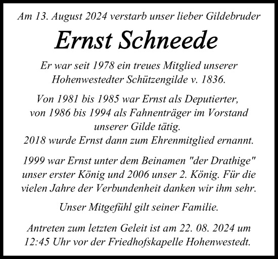 Traueranzeige von Ernst Schneede von Schleswig-Holsteinische Landeszeitung