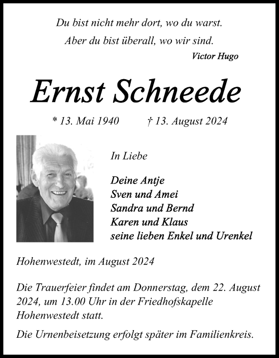 Traueranzeige von Ernst Schneede von Schleswig-Holsteinische Landeszeitung