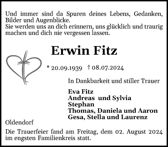 Traueranzeige von Erwin Fitz von Norddeutsche Rundschau, Wilstersche Zeitung, Glückstädter Fortuna