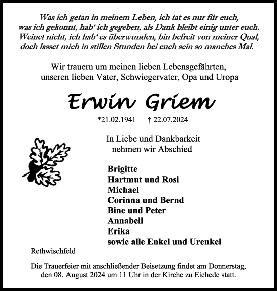 Traueranzeige von Erwin Griem von Stormaner Tageblatt