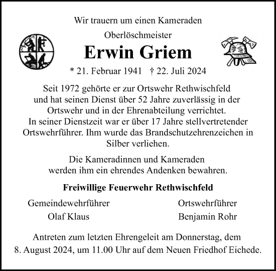 Traueranzeige von Erwin Griem von Stormaner Tageblatt