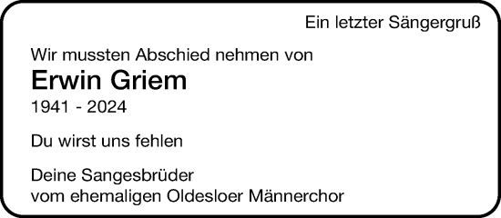 Traueranzeige von Erwin Griem von Stormaner Tageblatt