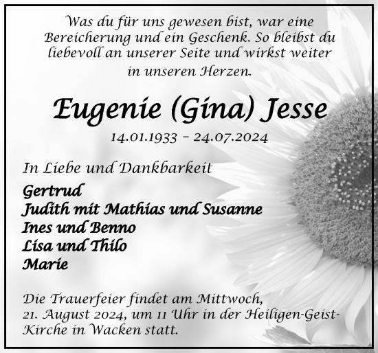Traueranzeige von Eugenie Jesse von Norddeutsche Rundschau, Wilstersche Zeitung, Glückstädter Fortuna