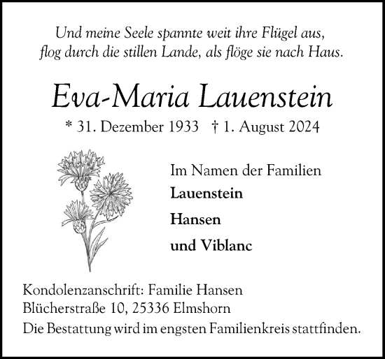 Traueranzeige von Eva-Maria Lauenstein von Elmshorner Nachrichten, Barmstedter Zeitung