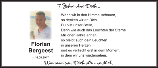 Traueranzeige von Florian Bergeest von Stormaner Tageblatt
